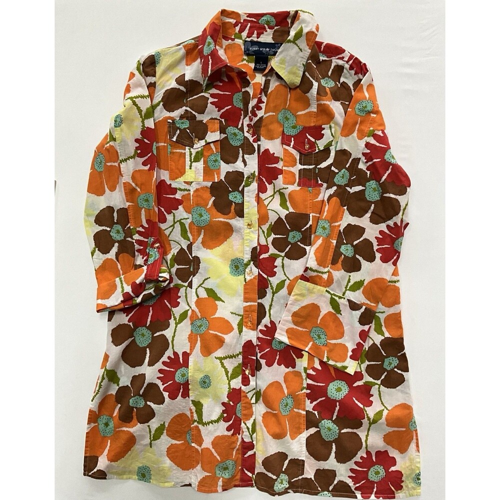 Susan Graver Style Cotton Floral Button Front Tunic Shirt – Large